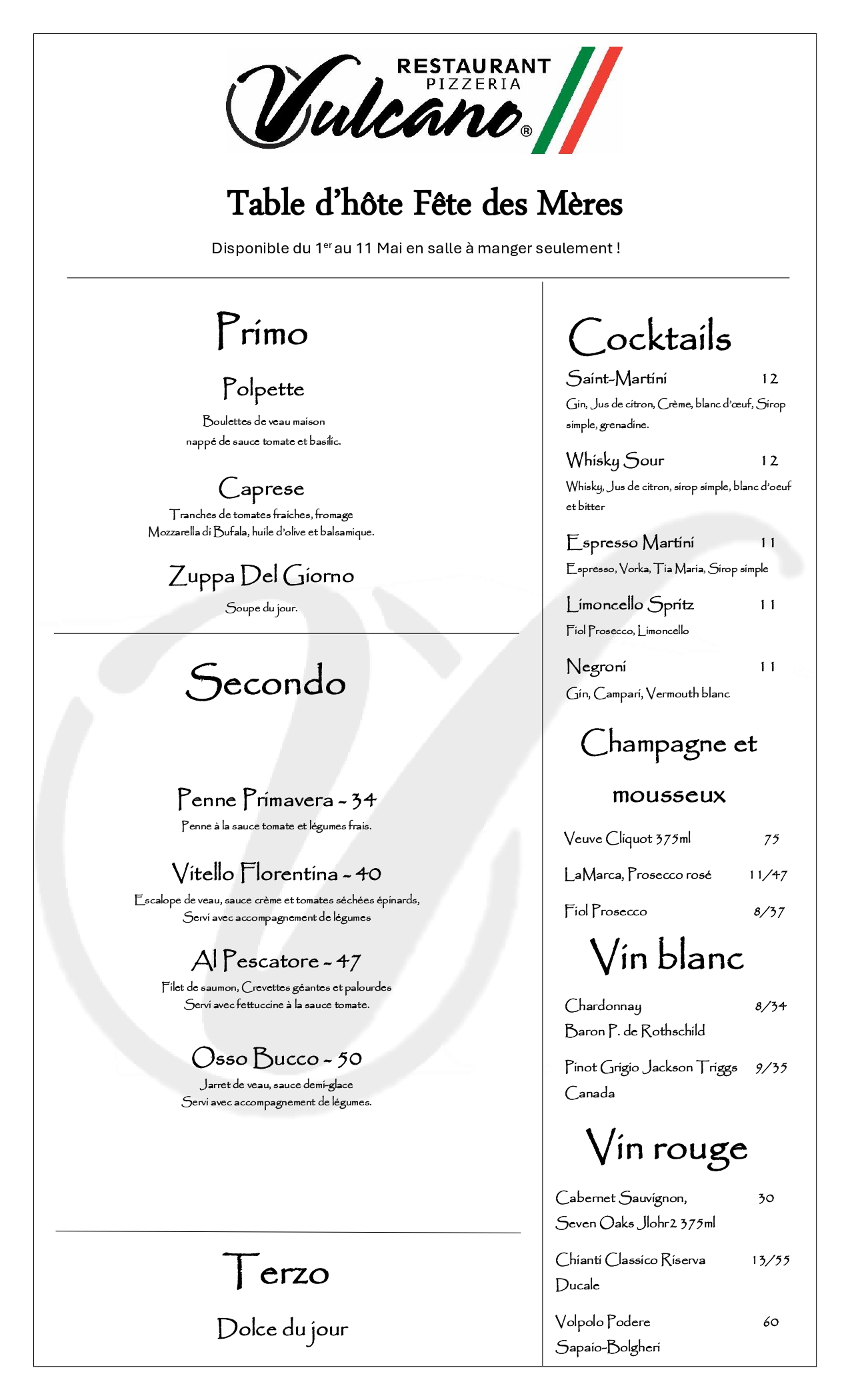 Menu Fetes des mères